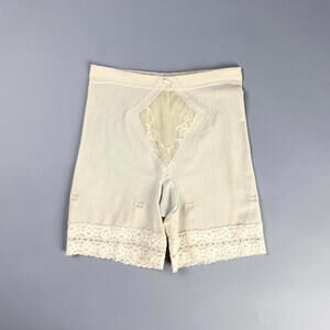 Vintage Girdle Shorts, Cream Lace Trimmed Long Leg Panties with Garter Loops